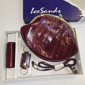 Set Clutch Purse, Lipstick Case, Keychain Lee Sandals Burgendy Leather Gift